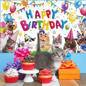 Dog Cat Happy Birthday Backdrop Banner Puppy Photography Background Banner Cartoon Cat Photo Backdrop Birthday Party Decorations for Dog Cat Owner Birthday Party Pet Party Supplies (Cat)