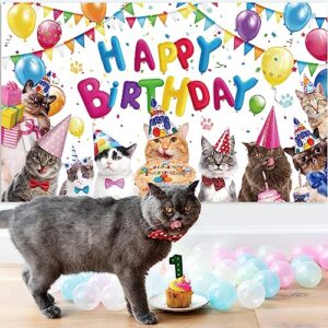 Dog Cat Happy Birthday Backdrop Banner Puppy Photography Background Banner Cartoon Cat Photo Backdrop Birthday Party Decorations for Dog Cat Owner Birthday Party Pet Party Supplies (Cat)