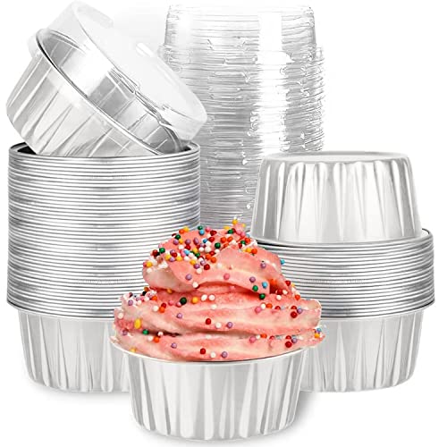 Mini Aluminum Foil Cupcake Baking Cups with Lids (40pcs, 5oz) Round Cupcake Foil Liners Tart Pie Tin Pan Holder - Disposable Mini Cake Containers Flan Molds for Pudding, Souffle, Party, Wedding