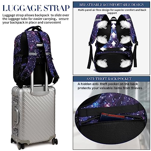 Laptop Backpack Bookbag for College Travel Business with USB Charging Port, Slim Laptop Backpack Work Bag, Anti Theft Durable Water Resistant Computer Bag Fit Laptop Up to 17.3 Inch, Galaxy - Purple