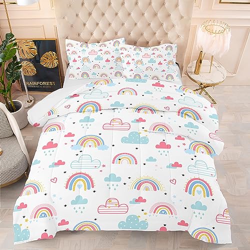 Helloosuu Kids Rainbow Comforter Set Twin,Cute Pink Rainbow Bedding Set,Kids Comforter Set for Girls Twin, Kids Girls Bedding Sets with 2PCS Pillowcases