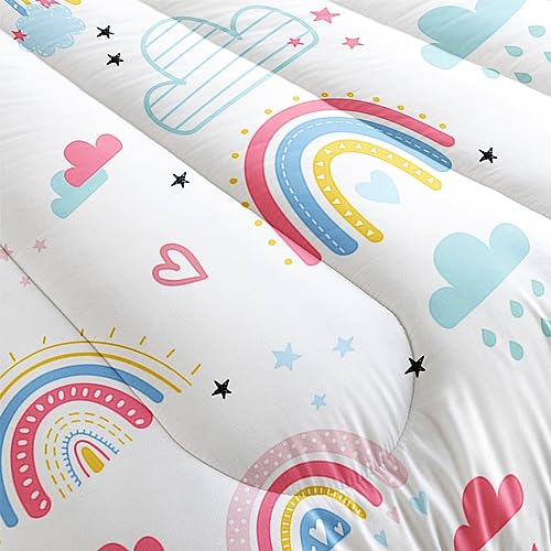 Helloosuu Kids Rainbow Comforter Set Twin,Cute Pink Rainbow Bedding Set,Kids Comforter Set for Girls Twin, Kids Girls Bedding Sets with 2PCS Pillowcases