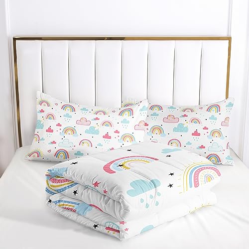 Helloosuu Kids Rainbow Comforter Set Twin,Cute Pink Rainbow Bedding Set,Kids Comforter Set for Girls Twin, Kids Girls Bedding Sets with 2PCS Pillowcases