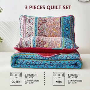 Boho Quilt Set Queen Size, Bohemian Red Strip 3 Pieces Bedspread Set Lightweight Microfiber All Season Christmas Bedding Coverlet Set for Queen Bed (96"x90")