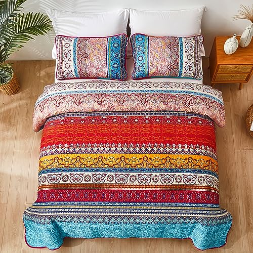Boho Quilt Set Queen Size, Bohemian Red Strip 3 Pieces Bedspread Set Lightweight Microfiber All Season Christmas Bedding Coverlet Set for Queen Bed (96"x90")