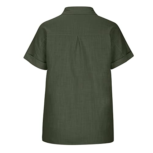 Ceboyel Linen Cotton Blouses for Women Button Down Causal Shirts Solid Color Summer Tops Dressy Work Office Ladies Clothes Button Up Shirt Women Army Green 2X