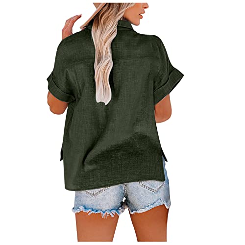 Ceboyel Linen Cotton Blouses for Women Button Down Causal Shirts Solid Color Summer Tops Dressy Work Office Ladies Clothes Button Up Shirt Women Army Green 2X