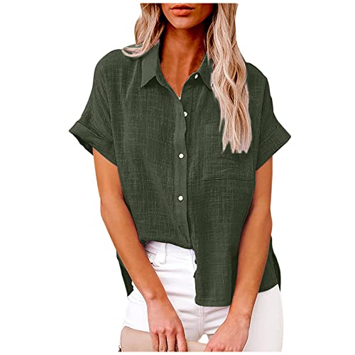 Ceboyel Linen Cotton Blouses for Women Button Down Causal Shirts Solid Color Summer Tops Dressy Work Office Ladies Clothes Button Up Shirt Women Army Green 2X