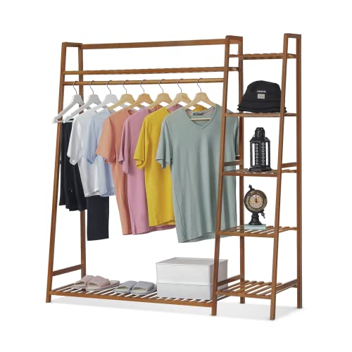 Magshion 5-Tier Bamboo Clothing Rack Clothes Hanging Rack Stand - Stylish and Rustic Bamboo Garment Rack with Trapezoidal Shelves for Bedroom