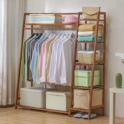 Magshion 5-Tier Bamboo Clothing Rack Clothes Hanging Rack Stand - Stylish and Rustic Bamboo Garment Rack with Trapezoidal Shelves for Bedroom