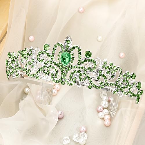 Green Crown Tiaras for Women Rhinestone Crystal Headbands Happy Princess Birthday Girl Crown with Combs Elegant Headdress Decorations for Christmas Bridal Wedding Prom Party Costumes Gifts