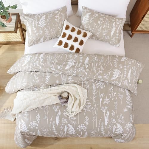 JANZAA California King Comforter Set 3 PCS Bedding Sets Oatmeal Floral Comforter Plant Flowers Printed on Fluffy Comforter with 2 Pillow Cases for All Season