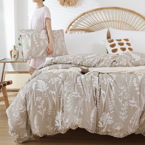 JANZAA California King Comforter Set 3 PCS Bedding Sets Oatmeal Floral Comforter Plant Flowers Printed on Fluffy Comforter with 2 Pillow Cases for All Season