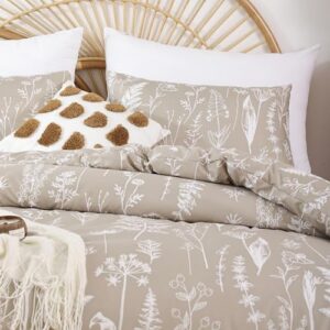 JANZAA California King Comforter Set 3 PCS Bedding Sets Oatmeal Floral Comforter Plant Flowers Printed on Fluffy Comforter with 2 Pillow Cases for All Season