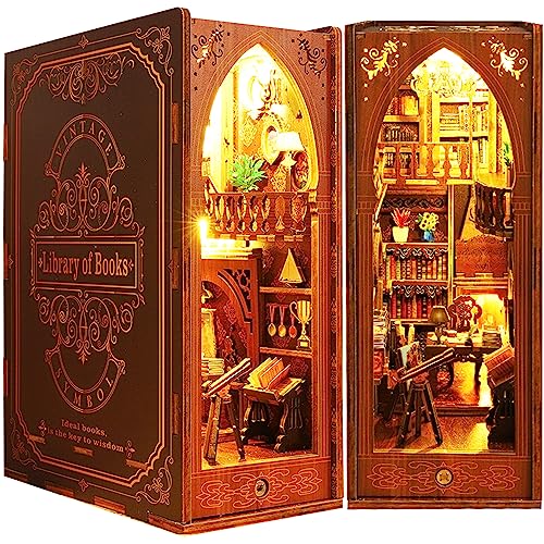 DIY Book Nook Kit,Dollhouse BookNook Bookshelf,3D Wooden Puzzle Bookends, Book Nook Miniature Kits with LED Light for Adults