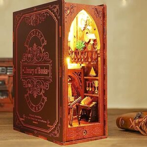 DIY Book Nook Kit,Dollhouse BookNook Bookshelf,3D Wooden Puzzle Bookends, Book Nook Miniature Kits with LED Light for Adults