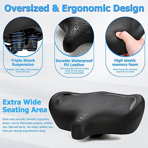 CDYWD Oversized Bike Seat for Men & Women Comfort, Extra Wide Soft Cushion Bicycle Seat, Comfortable Wing Padded, Large Bike Saddle Replacement for Exercise, Stationary, Spin, City, Hybrid Bike, Ebike