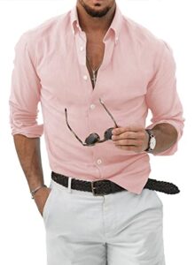jmierr mens cotton linen casual stylish button-down shirt long sleeve business plain dress shirts old money aesthetic shirts for men,us50(2xl),b pink