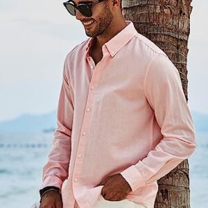 JMIERR Mens Cotton Linen Casual Stylish Button-Down Shirt Long Sleeve Business Plain Dress Shirts Old Money Aesthetic Shirts for Men,US50(2XL),B Pink