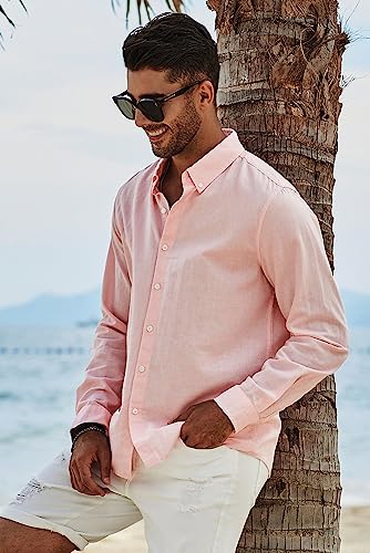 JMIERR Mens Cotton Linen Casual Stylish Button-Down Shirt Long Sleeve Business Plain Dress Shirts Old Money Aesthetic Shirts for Men,US50(2XL),B Pink