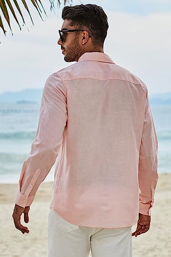 JMIERR Mens Cotton Linen Casual Stylish Button-Down Shirt Long Sleeve Business Plain Dress Shirts Old Money Aesthetic Shirts for Men,US50(2XL),B Pink