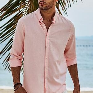 JMIERR Mens Cotton Linen Casual Stylish Button-Down Shirt Long Sleeve Business Plain Dress Shirts Old Money Aesthetic Shirts for Men,US50(2XL),B Pink