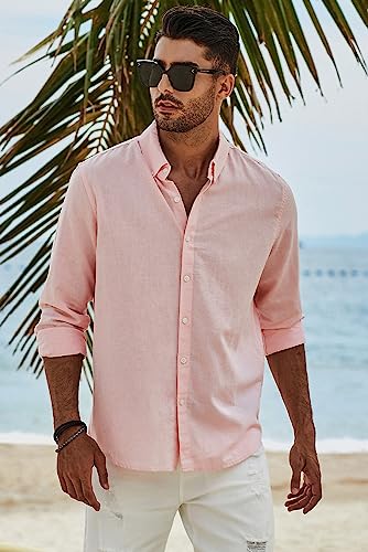 JMIERR Mens Cotton Linen Casual Stylish Button-Down Shirt Long Sleeve Business Plain Dress Shirts Old Money Aesthetic Shirts for Men,US50(2XL),B Pink