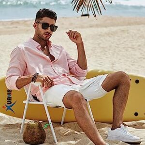 JMIERR Mens Cotton Linen Casual Stylish Button-Down Shirt Long Sleeve Business Plain Dress Shirts Old Money Aesthetic Shirts for Men,US50(2XL),B Pink