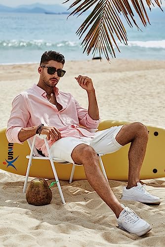 JMIERR Mens Cotton Linen Casual Stylish Button-Down Shirt Long Sleeve Business Plain Dress Shirts Old Money Aesthetic Shirts for Men,US50(2XL),B Pink