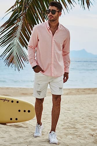 JMIERR Mens Cotton Linen Casual Stylish Button-Down Shirt Long Sleeve Business Plain Dress Shirts Old Money Aesthetic Shirts for Men,US50(2XL),B Pink