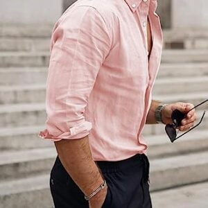 JMIERR Mens Cotton Linen Casual Stylish Button-Down Shirt Long Sleeve Business Plain Dress Shirts Old Money Aesthetic Shirts for Men,US50(2XL),B Pink