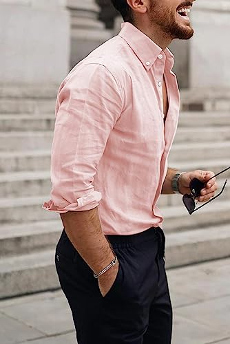 JMIERR Mens Cotton Linen Casual Stylish Button-Down Shirt Long Sleeve Business Plain Dress Shirts Old Money Aesthetic Shirts for Men,US50(2XL),B Pink