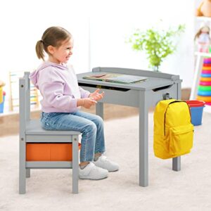 HONEY JOY Kids Table and Chair Set, Wooden Lift-Top Desk & Chair with Storage, Safe Hinged Lid, Activity Table Set for Craft Art, 2-Piece Children Furniture Set for Daycare, Kindergarten (Gray)