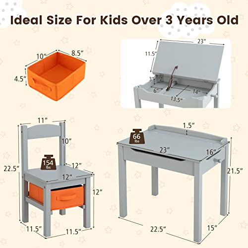 HONEY JOY Kids Table and Chair Set, Wooden Lift-Top Desk & Chair with Storage, Safe Hinged Lid, Activity Table Set for Craft Art, 2-Piece Children Furniture Set for Daycare, Kindergarten (Gray)