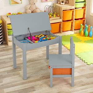 HONEY JOY Kids Table and Chair Set, Wooden Lift-Top Desk & Chair with Storage, Safe Hinged Lid, Activity Table Set for Craft Art, 2-Piece Children Furniture Set for Daycare, Kindergarten (Gray)