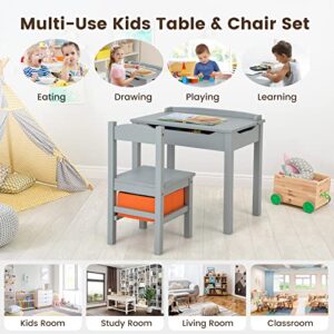 HONEY JOY Kids Table and Chair Set, Wooden Lift-Top Desk & Chair with Storage, Safe Hinged Lid, Activity Table Set for Craft Art, 2-Piece Children Furniture Set for Daycare, Kindergarten (Gray)