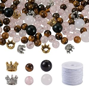 pandahall 124pcs gemstone bracelet making kit 8mm natural stone gemstone bead crown bead tiger eye rose quartz gemstone loose bead & elastic cord for bracelet jewelry making