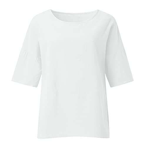 Plus Size Linen Tops for Women Women's 3/4 Sleeve Cotton Linen Jacquard Blouses T-Shirt Cotton Tunic Tops V Neck Shirts Casual Summer Tops Loose Fit Blouses Womens Plus Size Summer Tops White XXL