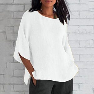 Plus Size Linen Tops for Women Women's 3/4 Sleeve Cotton Linen Jacquard Blouses T-Shirt Cotton Tunic Tops V Neck Shirts Casual Summer Tops Loose Fit Blouses Womens Plus Size Summer Tops White XXL