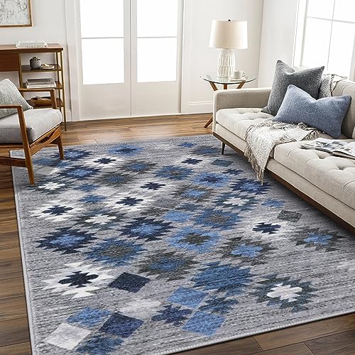 Seavish Washable Area Rugs 5x7 Grey/Blue Farmhouse Rugs for Living Room Soft Retro Distressed Dining Room Rug Non-Slip Easy-Cleaning Indoor Carpet Floor Decoration for Entryway Office Room