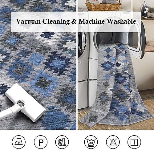 Seavish Washable Area Rugs 5x7 Grey/Blue Farmhouse Rugs for Living Room Soft Retro Distressed Dining Room Rug Non-Slip Easy-Cleaning Indoor Carpet Floor Decoration for Entryway Office Room