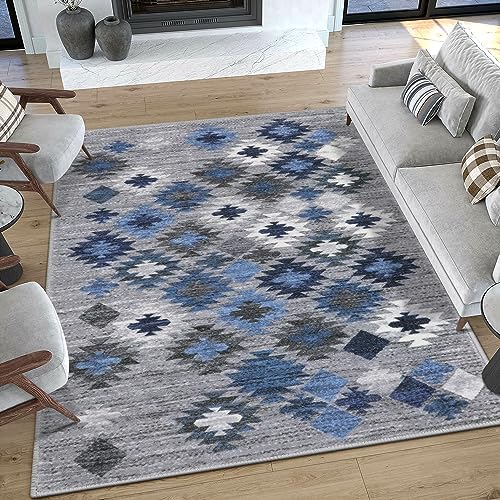 Seavish Washable Area Rugs 5x7 Grey/Blue Farmhouse Rugs for Living Room Soft Retro Distressed Dining Room Rug Non-Slip Easy-Cleaning Indoor Carpet Floor Decoration for Entryway Office Room