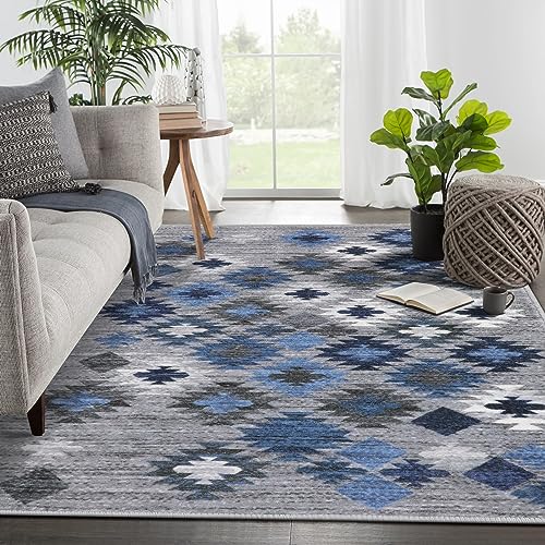 Seavish Washable Area Rugs 5x7 Grey/Blue Farmhouse Rugs for Living Room Soft Retro Distressed Dining Room Rug Non-Slip Easy-Cleaning Indoor Carpet Floor Decoration for Entryway Office Room