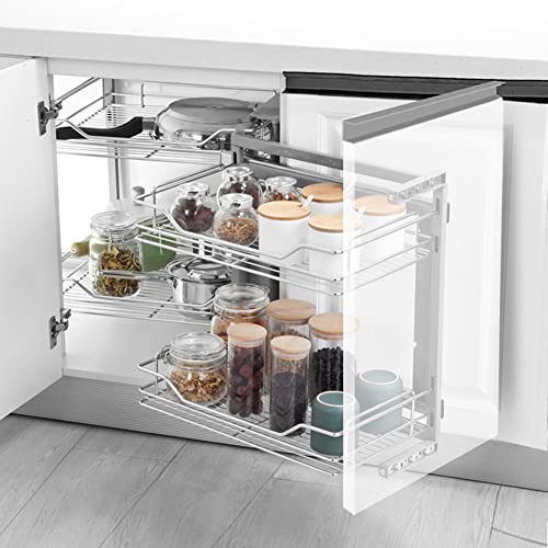 JayHumphrey Blind Corner Cabinet Pull Out for 15 Inch Opening, Kitchen Corner Cabinet Pull Out Organizer, 2 Tier 4 Baskets Concealed Roller Slide Out Shelves, Chrome,Left Open