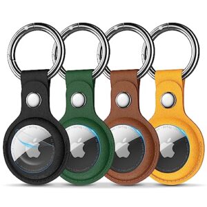 r-fun airtag holder with keychain and lock, [4 pack] protective pu leather airtag case cover with key rings for wallet, dog collar, luggage, and keys-black/green/brown/yellow
