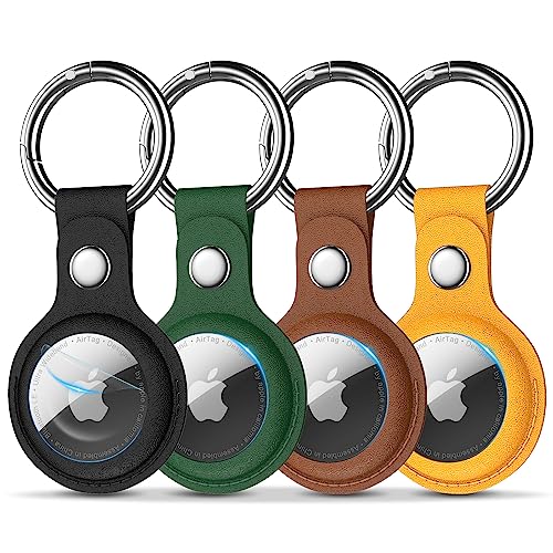 R-fun Airtag Holder with Keychain and Lock, [4 Pack] Protective PU Leather AirTag case Cover with Key Rings for Wallet, Dog Collar, Luggage, and Keys-Black/Green/Brown/Yellow