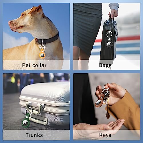 R-fun Airtag Holder with Keychain and Lock, [4 Pack] Protective PU Leather AirTag case Cover with Key Rings for Wallet, Dog Collar, Luggage, and Keys-Black/Green/Brown/Yellow