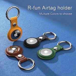 R-fun Airtag Holder with Keychain and Lock, [4 Pack] Protective PU Leather AirTag case Cover with Key Rings for Wallet, Dog Collar, Luggage, and Keys-Black/Green/Brown/Yellow