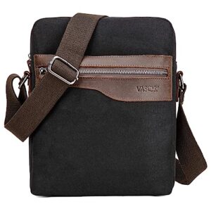 vaschy small messenger bag, vintage leather canvas crossbody shoulder side bag for men women for work/travel black