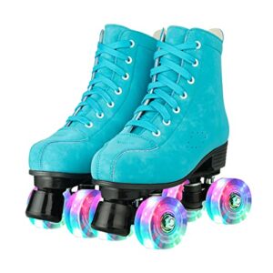 hurber women roller skates high-top double-row pu leather outdooer roller skates for girls (blue flashing wheel,39 - us:8.5)